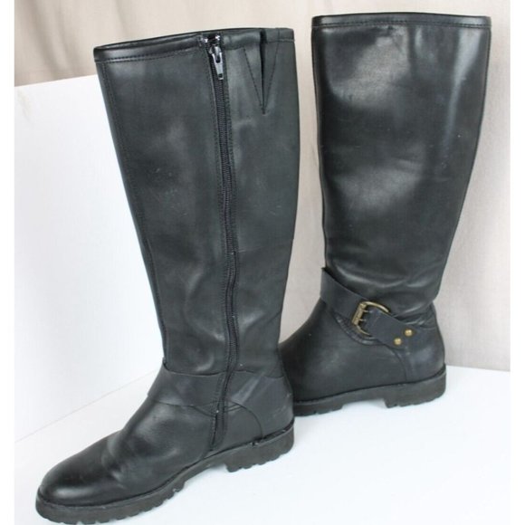 Black Riding Biker Boots Women 7 M Leather Tall Zip Buckle Accent Block Heel - Picture 3 of 11